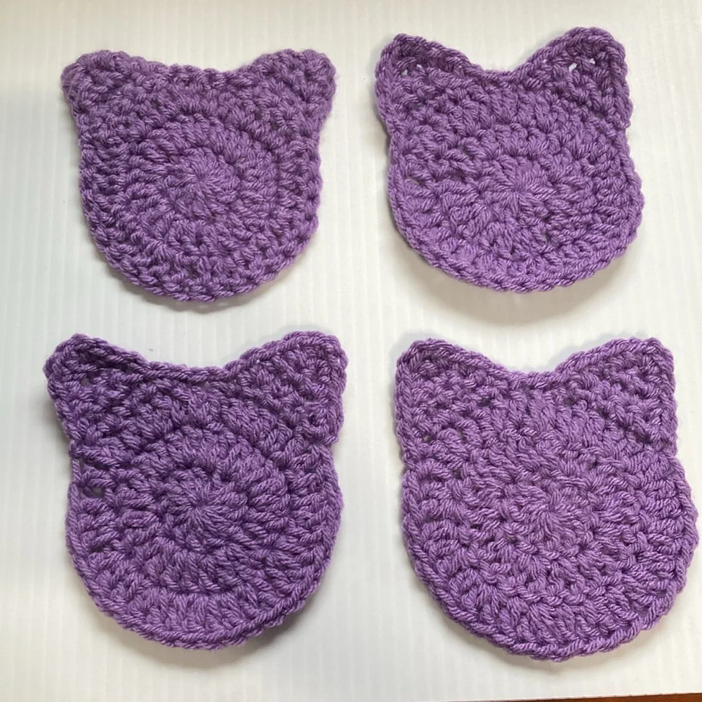 Kitty Cat COASTERS Crocheted by Hand Purple 3.75 inch Diameter Set of 4